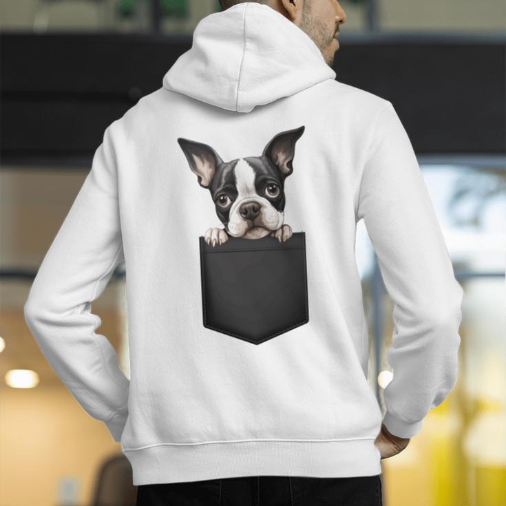 Boston Terrier Dog Puppy Dog In Pocket Cute Pet Lover Men's Hoodie Back Print, funny gift