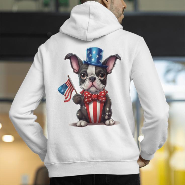Boston Terrier Puppy Dog Holds His American Flag 4th Of July Men's Hoodie Back Print, American Boston Terrier Hoodies, Boston Terrier 4th Of July Hoodies, funny gift