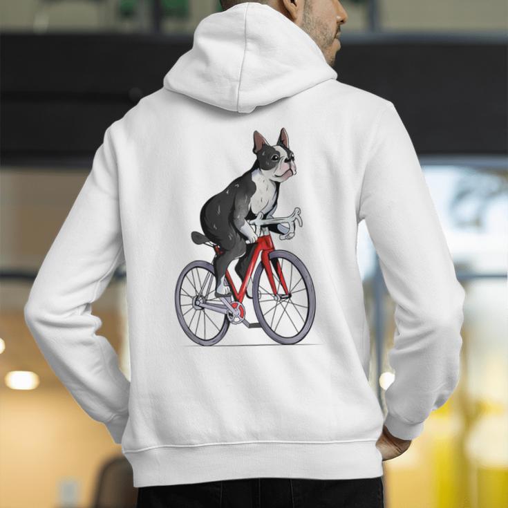 Boston Terrier Riding Bicycle Cute Bostie Biker Raglan Baseball Tee Men's Hoodie Back Print, Boston Terrier Riding Hoodies, funny gift