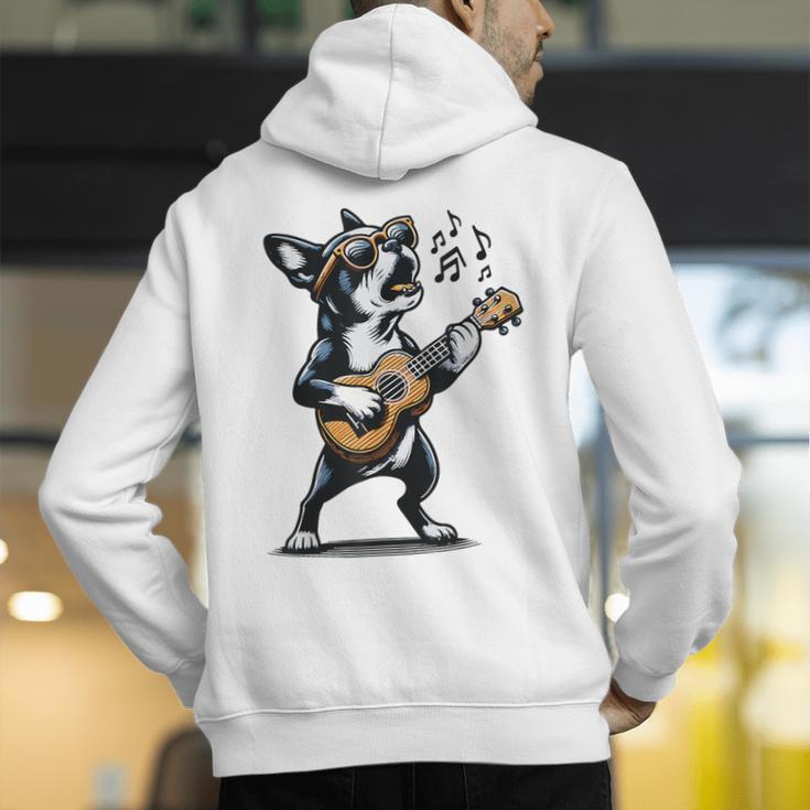 Dog Playing Guitar Singing Boston Terrier For Men Women Girls Kids Men's Hoodie Back Print, funny gift