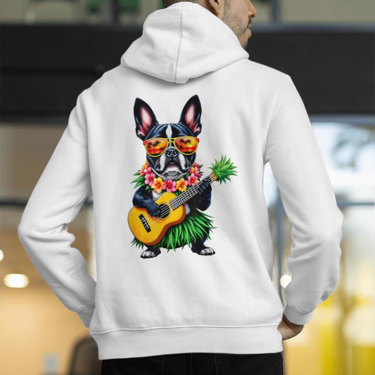 Hawaiian Boston Terrier & Pineapple Ukulele Summer Vacation Men's Hoodie Back Print, funny gift