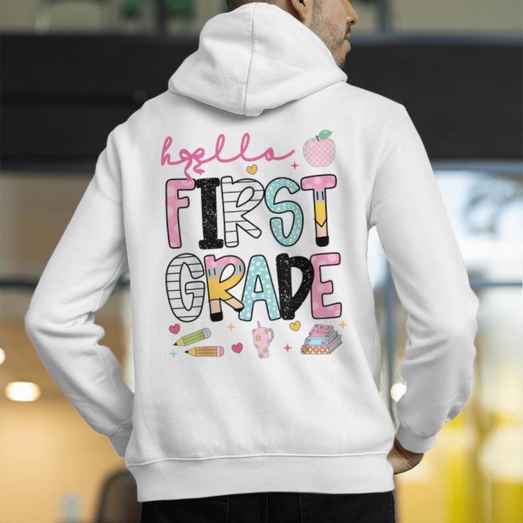 Hello First Grade Teacher Coquette Pencil Bow Back To School Men's Hoodie Back Print, First Grade Teacher Hoodies, funny gift Hello First Grade Teacher Coquette Pencil Bow Back To School Men's Hoodie Back Print, First Grade Teacher Hoodies, funny gift