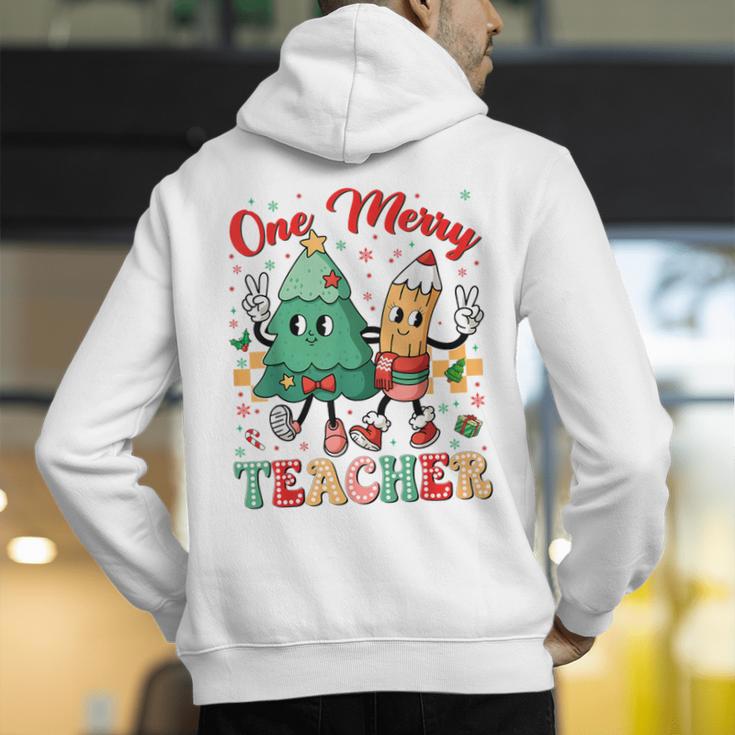 One Merry Teacher Groovy Christmas Tree Pjs Xmas Teacher Men's Hoodie Back Print, Groovy Teacher Hoodies, funny gift