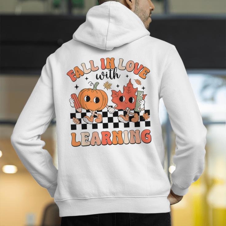 Retro Fall In Love With Learning Autumn Pumpkin Teacher Men's Hoodie Back Print, funny gift Retro Fall In Love With Learning Autumn Pumpkin Teacher Men's Hoodie Back Print, funny gift