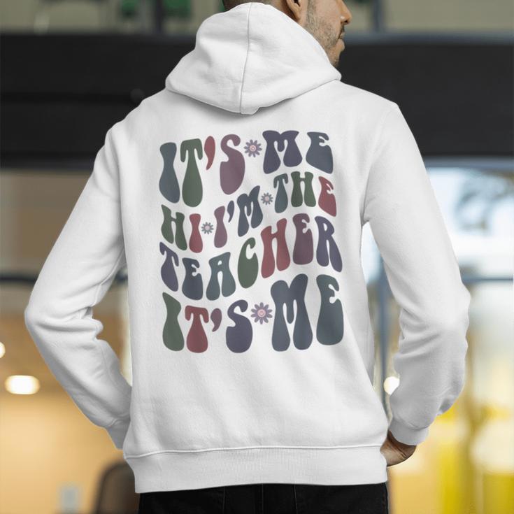 Retro IT'S ME Hi I'm The TEACHER Groovy Testing Squad Pink Men's Hoodie Back Print, Groovy Teacher Hoodies, funny gift