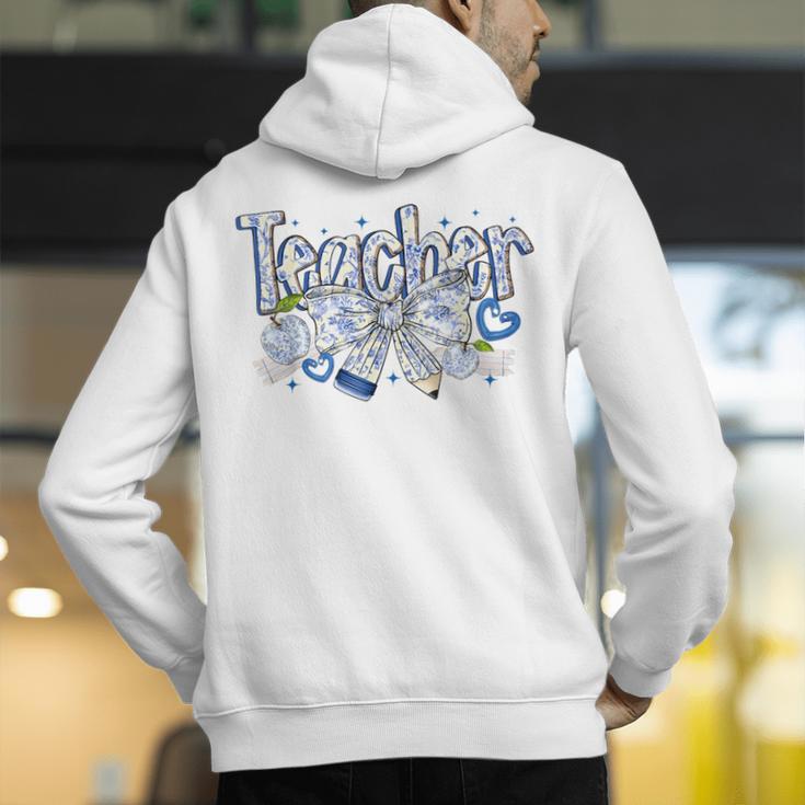 Teacher Blue Chinoiserie Coquette Bow Heart Teacher Life Men's Hoodie Back Print, funny gift