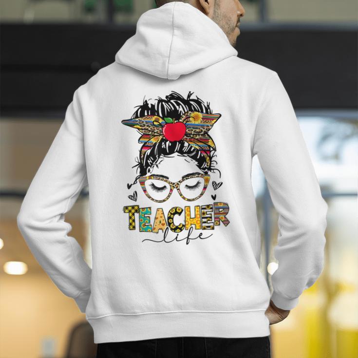 Teacher Life Messy Bun Glasses Leopard Sunflower Men's Hoodie Back Print, funny gift