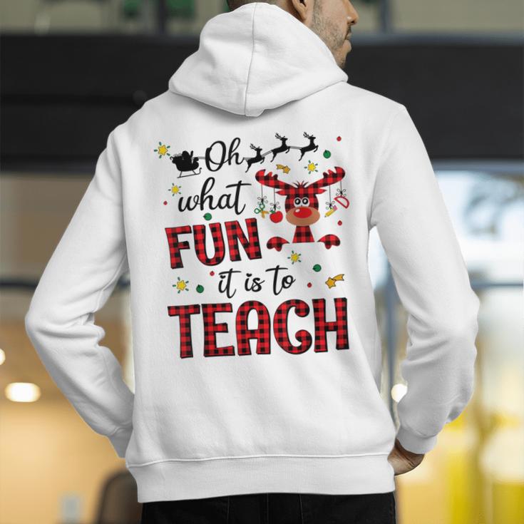 Teachers Oh What Fun It Is To Teach Cute Red Plaid Reindeer Men's Hoodie Back Print, funny gift
