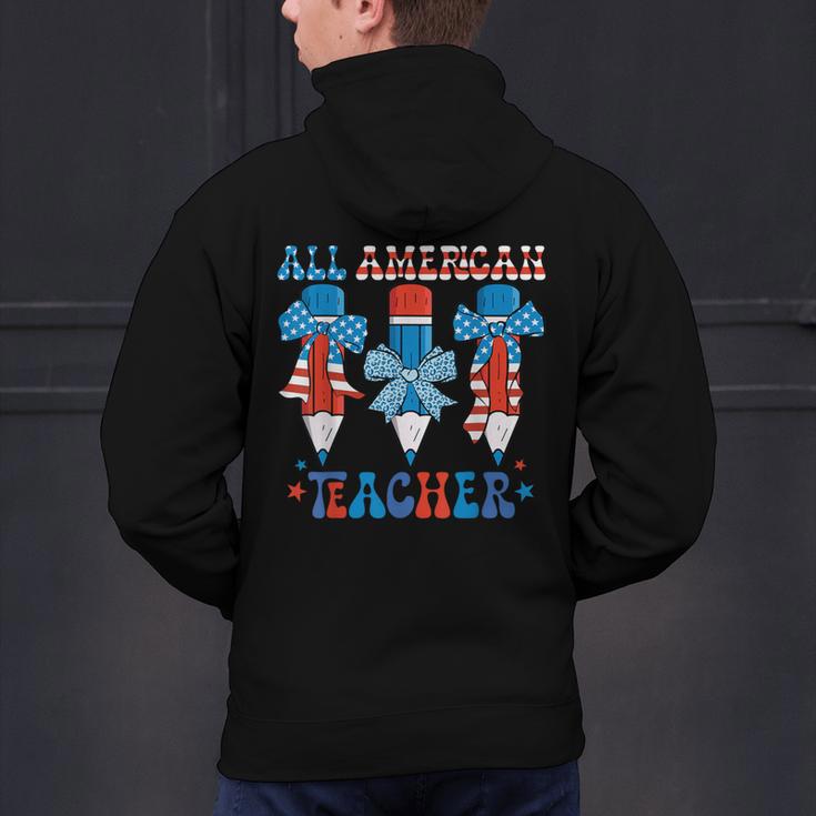All American Teacher Pencil Coquette Bow USA Flag Teachers Men's Hoodie Back Print, gift for family, gift for coworker All American Teacher Pencil Coquette Bow USA Flag Teachers Men's Hoodie Back Print, gift for family, gift for coworker
