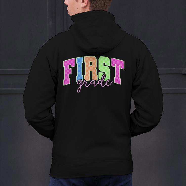 Back To School Neon Checkered First Grade Colorful Teacher Men's Hoodie Back Print, First Grade Teacher Hoodies, gift for family, gift for coworker