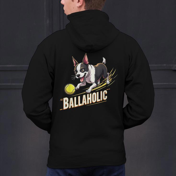Ballaholic Boston Terrier Dog Chasing Bostie Ball Men's Hoodie Back Print, gift for family, gift for coworker