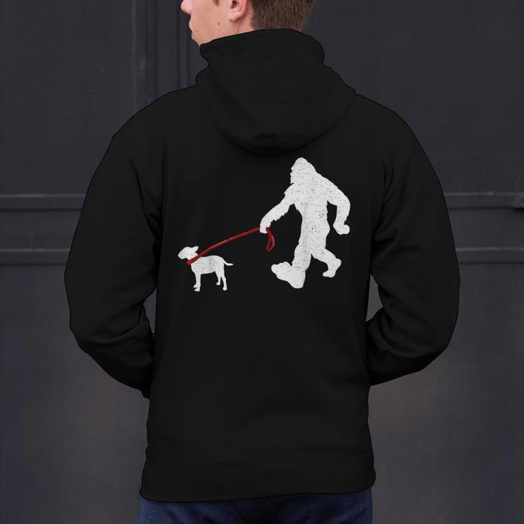 Bigfoot Walking With Bull Terrier Dog Men's Hoodie Back Print, gift for family, gift for coworker