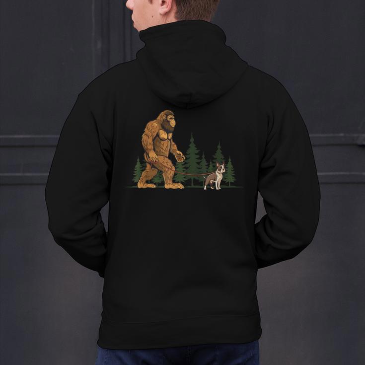 Boston Terrier Bigfoot Dog Walking Dog Mom Dad Kids Men's Hoodie Back Print, Boston Terrier Mom Hoodies, Boston Terrier Dad Hoodies, gift for family, gift for coworker