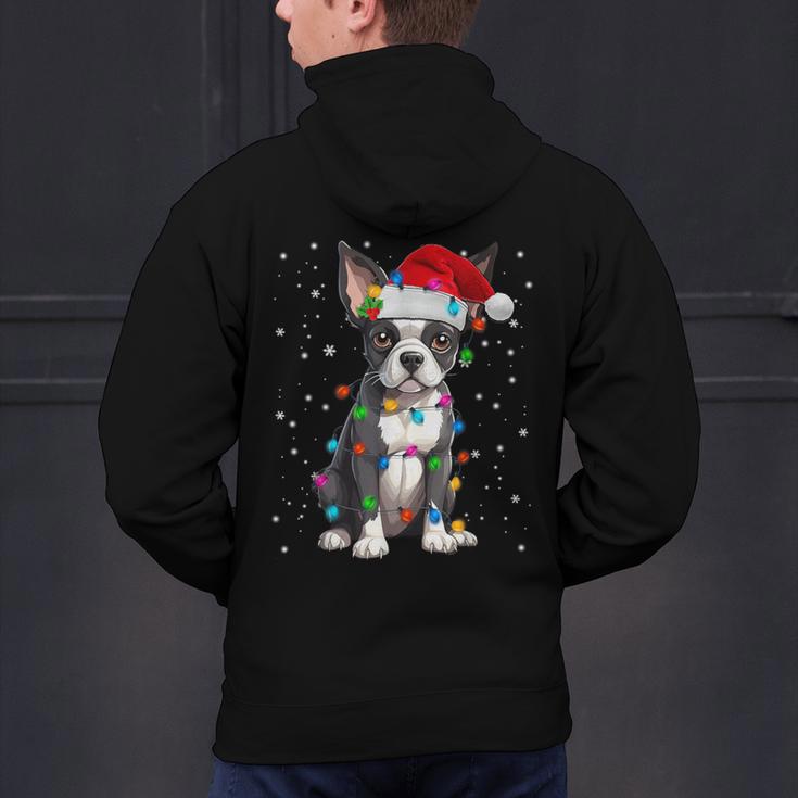 Boston Terrier Christmas Santa Hat Tree Lights Pajama Men's Hoodie Back Print, Boston Terrier Christmas Hoodies, gift for family, gift for coworker
