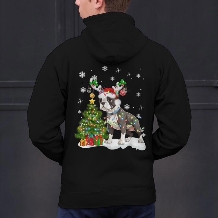 Boston Terrier Christmas Tree Lights Santa Hat Men's Hoodie Back Print, Boston Terrier Christmas Hoodies, gift for family, gift for coworker