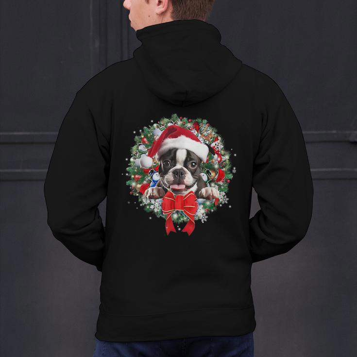 Boston Terrier Christmas Wreath Decoration Xmas Pajamas Men's Hoodie Back Print, Boston Terrier Christmas Hoodies, gift for family, gift for coworker