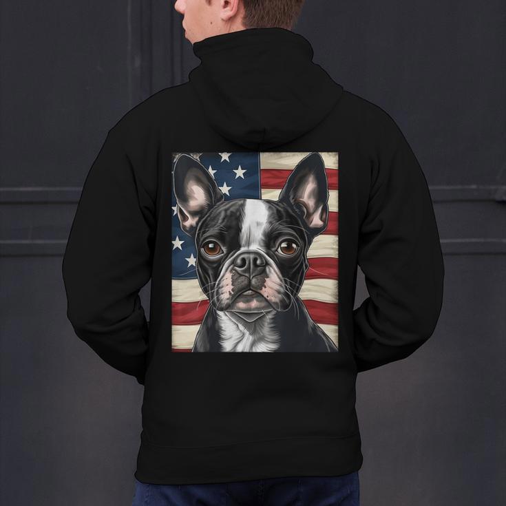 Boston Terrier Dog American Flag 4th Of July Patriotic Puppy Men's Hoodie Back Print, Patriotic Boston Terrier Hoodies, American Boston Terrier Hoodies, Boston Terrier 4th Of July Hoodies, gift for family, gift for coworker