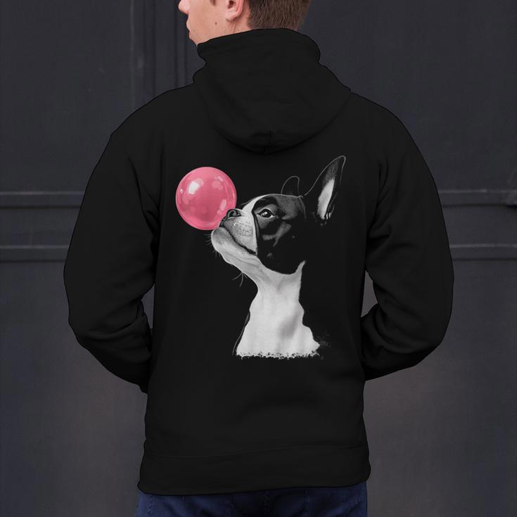 Boston Terrier Dog Blowing Chewing Bubble Gum Pink Men's Hoodie Back Print, gift for family, gift for coworker