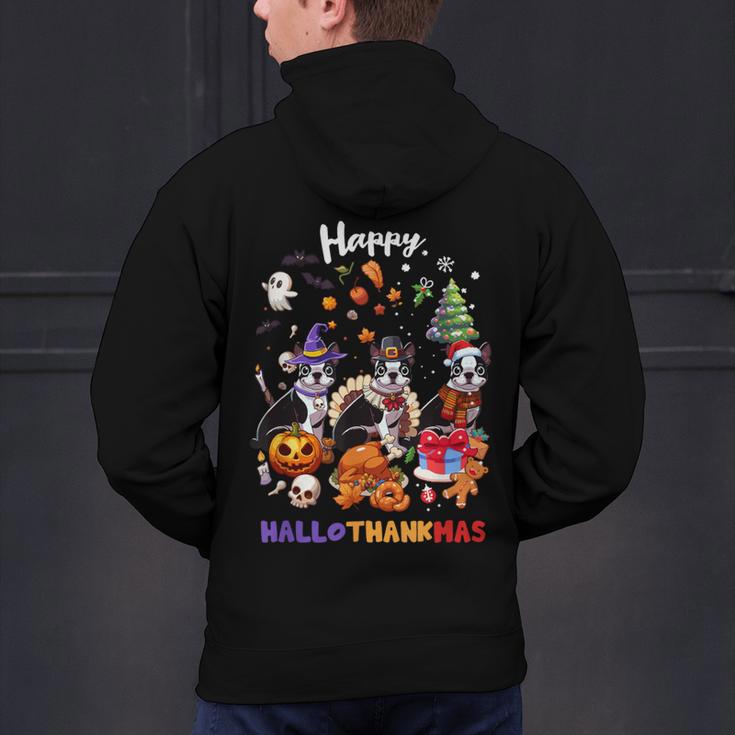 Boston Terrier Dog Christmas Happy Hallothankmas Halloween For Men Women Kids Men's Hoodie Back Print, Boston Terrier Halloween Hoodies, Boston Terrier Christmas Hoodies, gift for family, gift for coworker