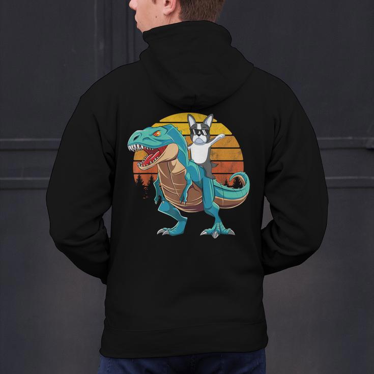 Boston Terrier Dog Riding Dinosaur T Rex Boys Men's Hoodie Back Print, Boston Terrier Riding Hoodies, gift for family, gift for coworker