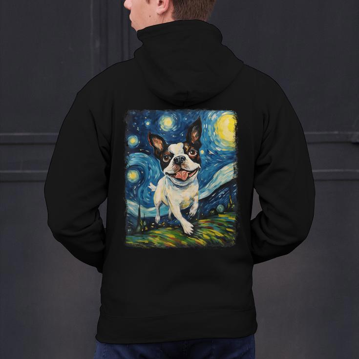 Boston Terrier Dog Starry Night Painting Men's Hoodie Back Print, gift for family, gift for coworker