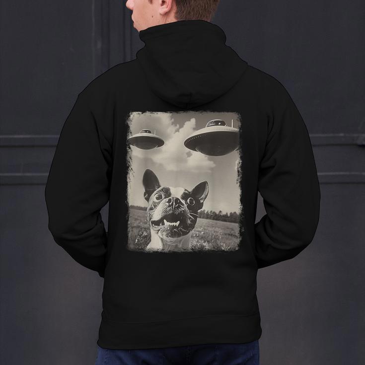 Boston Terrier Dog UFO Alien Extraterrestrial Selfie Men's Hoodie Back Print, gift for family, gift for coworker