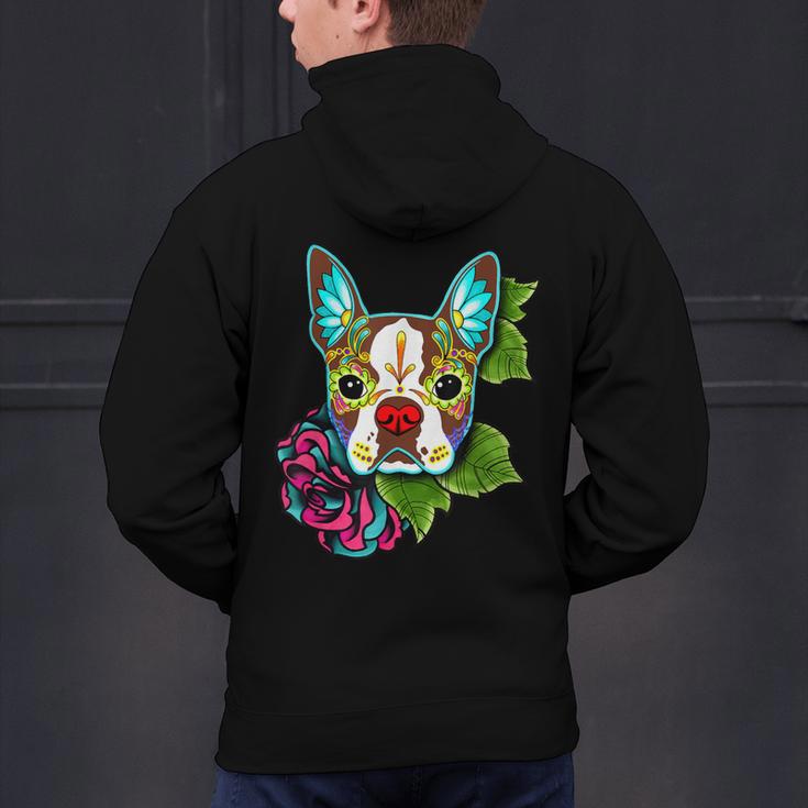 Boston Terrier In Red Day Of The Dead Sugar Skull Dog Men's Hoodie Back Print, gift for family, gift for coworker