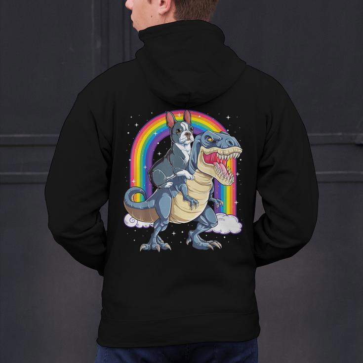 Boston Terrier Riding Dinosaur T-Rex Boys Kids Rainbow Men's Hoodie Back Print, Boston Terrier Riding Hoodies, gift for family, gift for coworker