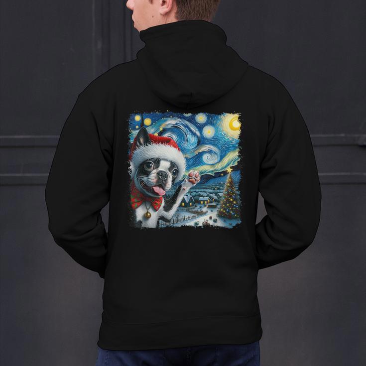 Boston Terrier Santa Starry Night Van Gogh Christmas Dog Men Women Kids Men's Hoodie Back Print, Boston Terrier Christmas Hoodies, gift for family, gift for coworker