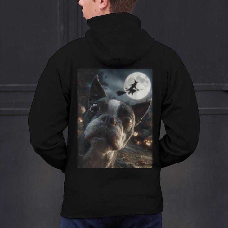Boston Terrier Selfie Full Moon Flying Witch Halloween Dog Men's Hoodie Back Print, Boston Terrier Halloween Hoodies, gift for family, gift for coworker