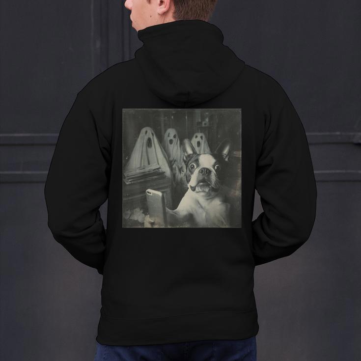 Boston Terrier Selfie With Ghosts Halloween Dog Lover Men's Hoodie Back Print, Boston Terrier Halloween Hoodies, gift for family, gift for coworker