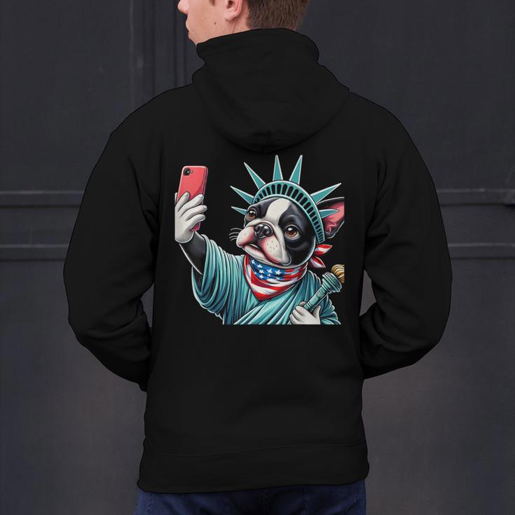 Boston Terrier Selfie Statue Of Liberty 4th Of July American Men's Hoodie Back Print, American Boston Terrier Hoodies, Boston Terrier 4th Of July Hoodies, gift for family, gift for coworker