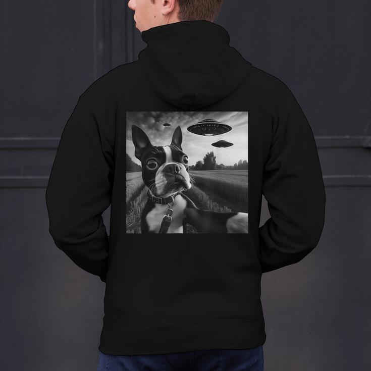 Boston Terrier Graphic Selfie With UFOs Weird Aliens Men's Hoodie Back Print, gift for family, gift for coworker