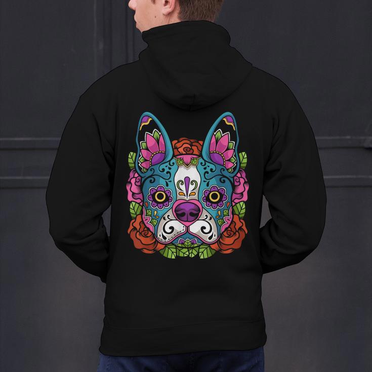 Boston Terrier Sugar Skull Dog Day Of The Dead Men's Hoodie Back Print, gift for family, gift for coworker