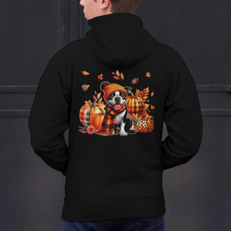 Boston Terrier Thanksgiving Leopard Pumpkins Fall Leaves Men's Hoodie Back Print, Boston Terrier Thanksgiving Hoodies, gift for family, gift for coworker