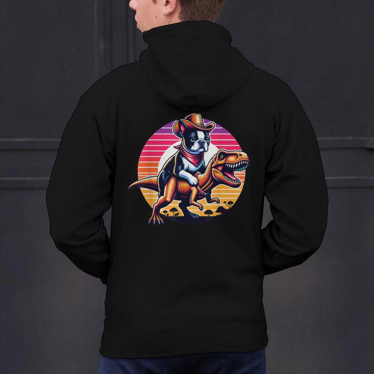 Boston Terrier Wearing A Cowboy Hat On T-Rex Men's Hoodie Back Print, gift for family, gift for coworker