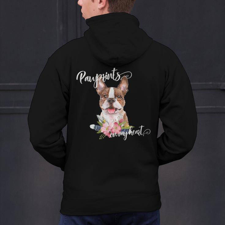 Brown Boston Terrier With Flowers And Feathers Men's Hoodie Back Print, gift for family, gift for coworker