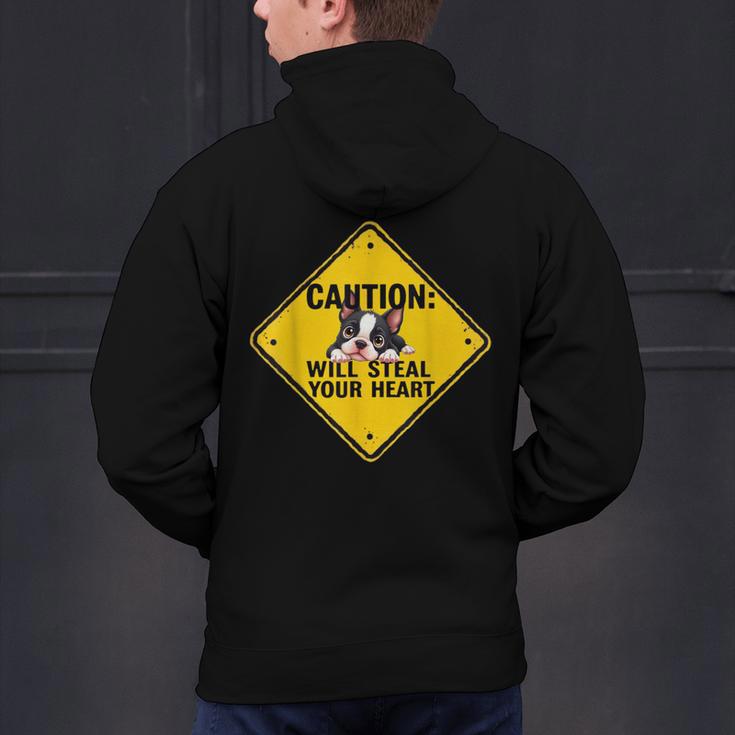 Caution Sign Boston Terrier Dog Bostie Puppy Men's Hoodie Back Print, gift for family, gift for coworker