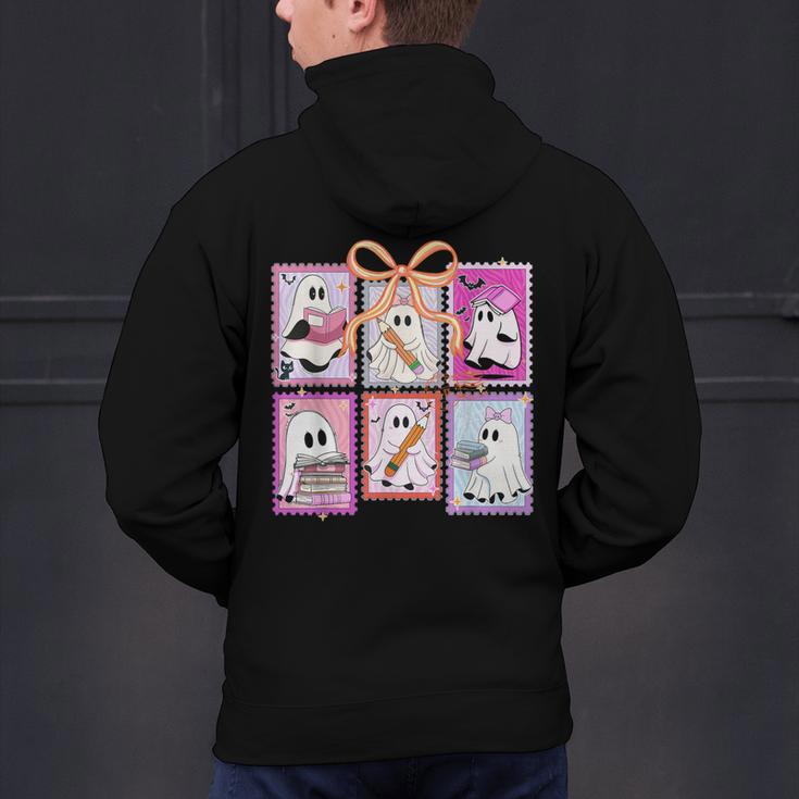 Coquette Bow Spooky Teacher Ghost Halloween Trick Or Teach Men's Hoodie Back Print, gift for family, gift for coworker