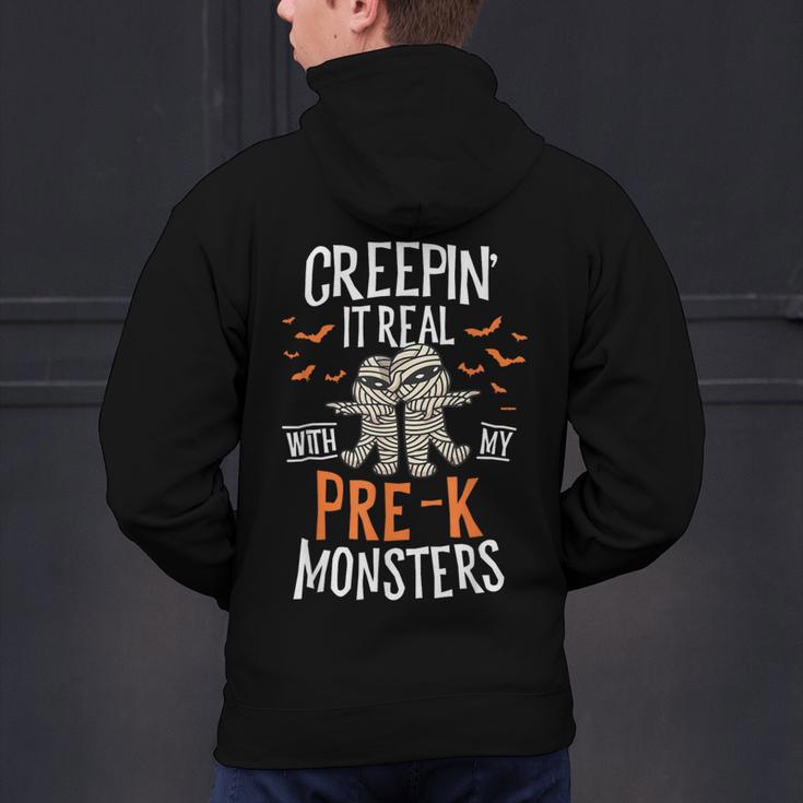 Creepin It Real Pre-K Monsters Halloween Preschool Teacher Men's Hoodie Back Print, gift for family, gift for coworker