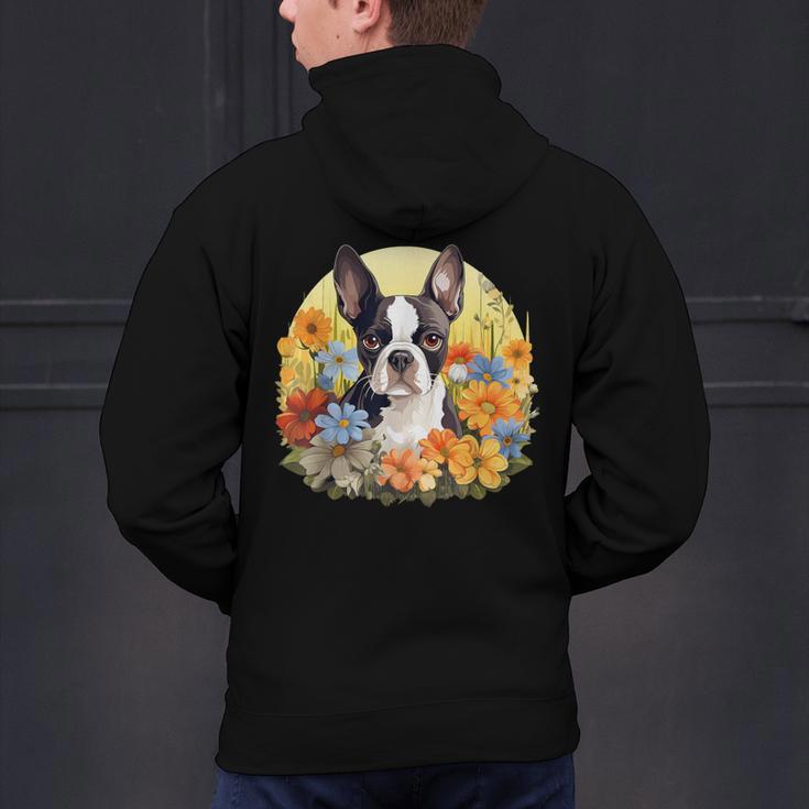 Cute Boston Terrier Spring Flower Garden Colorful Puppy Dog Men's Hoodie Back Print, gift for family, gift for coworker