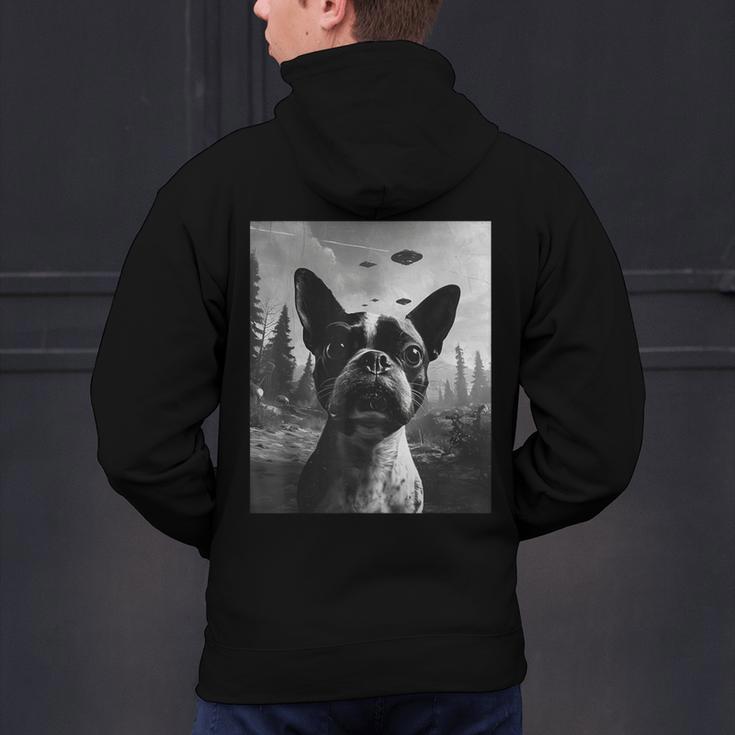 Dog Mom Dad Alien Selfie Boston Terrier UFO For Men Women Men's Hoodie Back Print, Boston Terrier Mom Hoodies, Boston Terrier Dad Hoodies, gift for family, gift for coworker