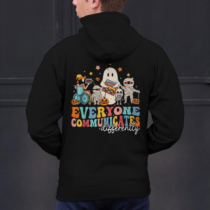 Everyone Communicates Differently Halloween SLP Sped Teacher Men's Hoodie Back Print, gift for family, gift for coworker Everyone Communicates Differently Halloween SLP Sped Teacher Men's Hoodie Back Print, gift for family, gift for coworker