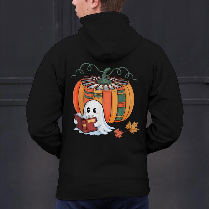 Fall Book Pumpkin Ghost Reading Books Halloween Teacher Men's Hoodie Back Print, gift for family, gift for coworker