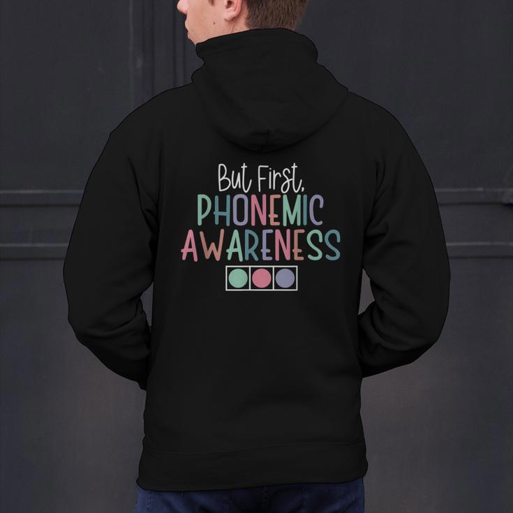 But First Phonemic Awareness Reading Teacher Interventionist Men's Hoodie Back Print, gift for family, gift for coworker But First Phonemic Awareness Reading Teacher Interventionist Men's Hoodie Back Print, gift for family, gift for coworker