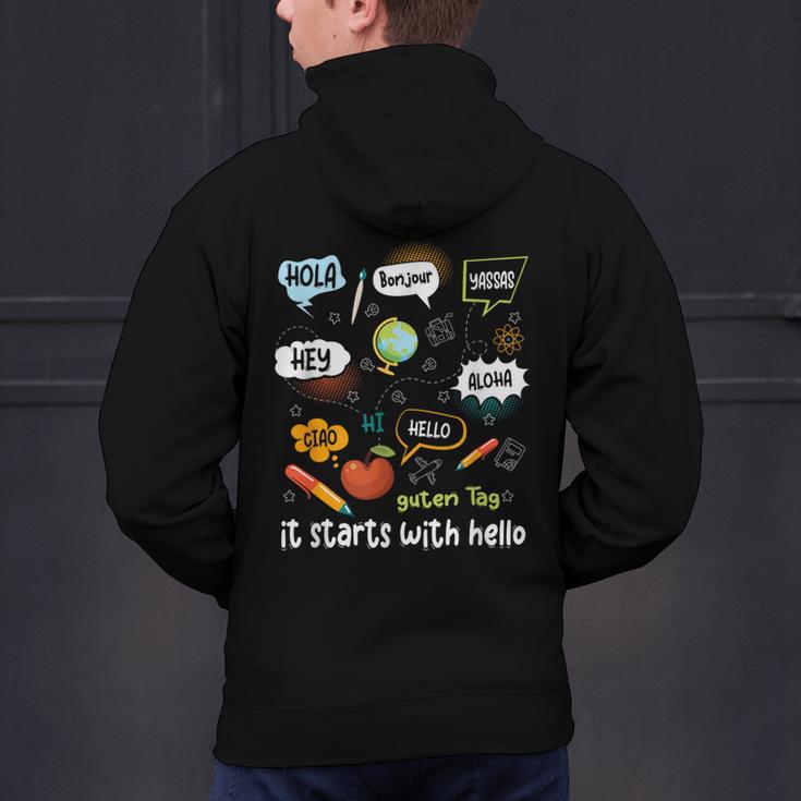 Friendship Inclusion Language Teacher It Starts With Hello Men's Hoodie Back Print, gift for family, gift for coworker Friendship Inclusion Language Teacher It Starts With Hello Men's Hoodie Back Print, gift for family, gift for coworker