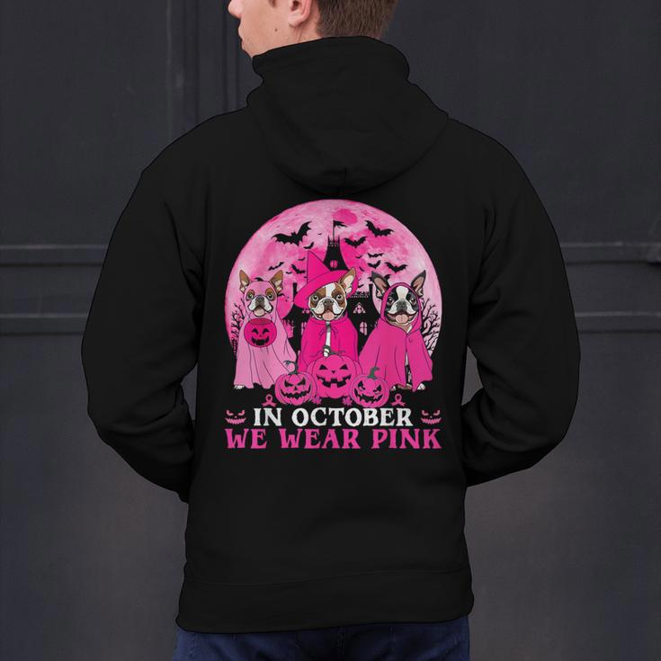 Ghost And Witch Boston Terrier Dog In October We Wear Pink Men's Hoodie Back Print, Boston Terrier Ghost Hoodies, gift for family, gift for coworker