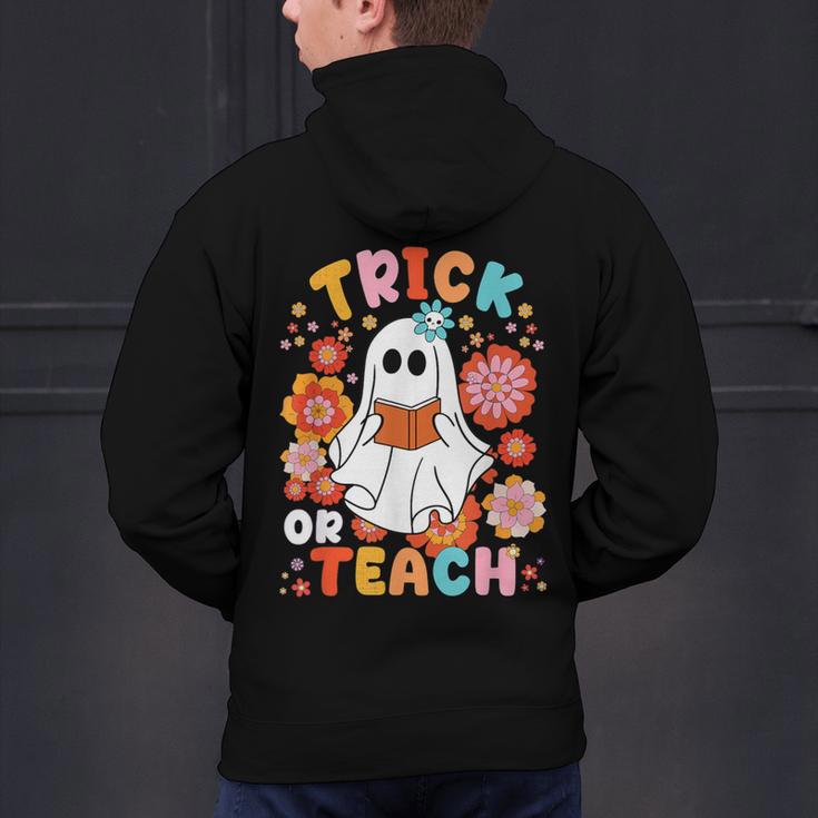 Groovy Halloween Trick Or Teach Retro Floral Ghost Teacher For Men Women Kids Men's Hoodie Back Print, Groovy Teacher Hoodies, gift for family, gift for coworker