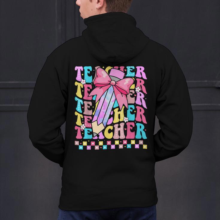 Groovy Teacher Cute Coquette Bow Flower Retro Back To School Men's Hoodie Back Print, Groovy Teacher Hoodies, gift for family, gift for coworker
