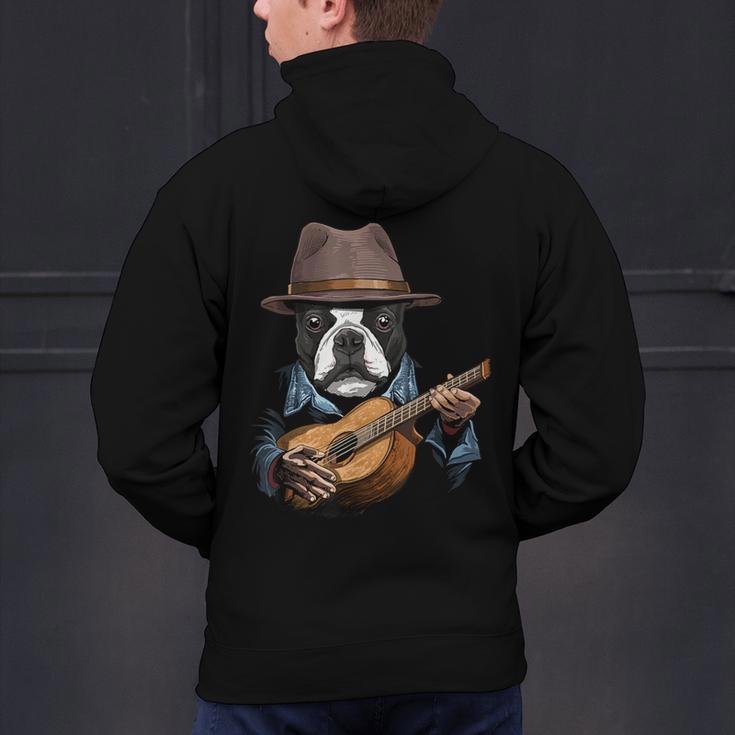 Guitar Shirt Boston Terrier Dog Playing Acoustic Guitar Men's Hoodie Back Print, gift for family, gift for coworker